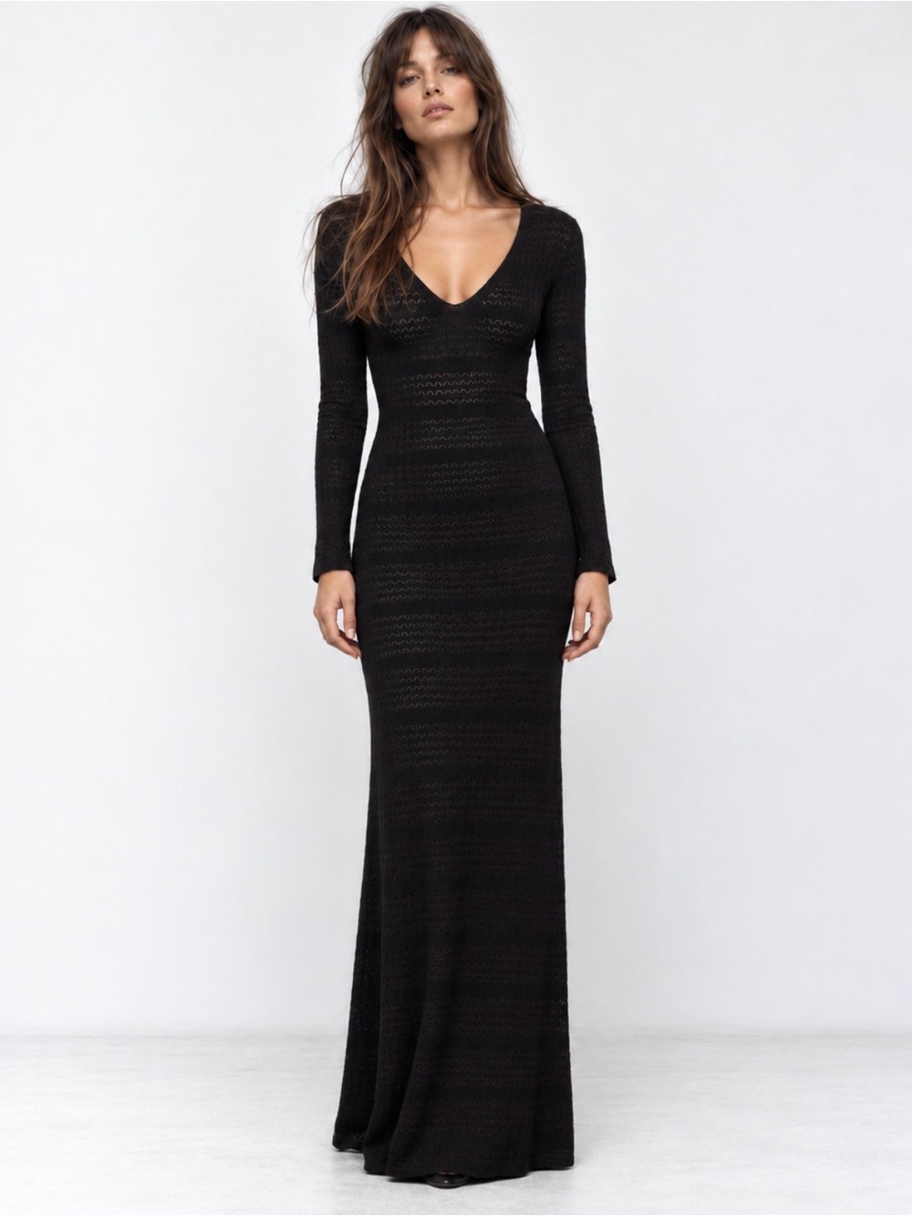 Zara Black Pointelle Knit Maxi Dress Fitted V-Neck Long Sleeve Medium